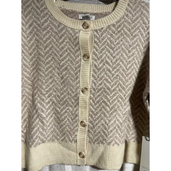 Rachel Zoe Cardigan Sweater Womens XL Chevron Knit Waist Length Cream Beige - Picture 2 of 6